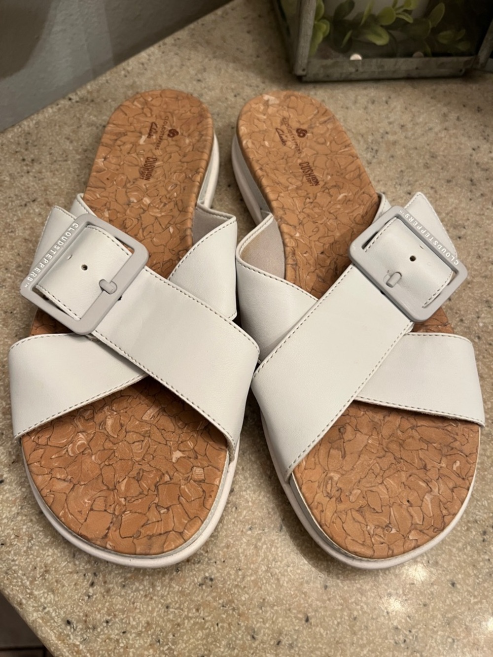Cloudsteppers by Clarks White Crisscross Slide Sandals with Buckle Accent